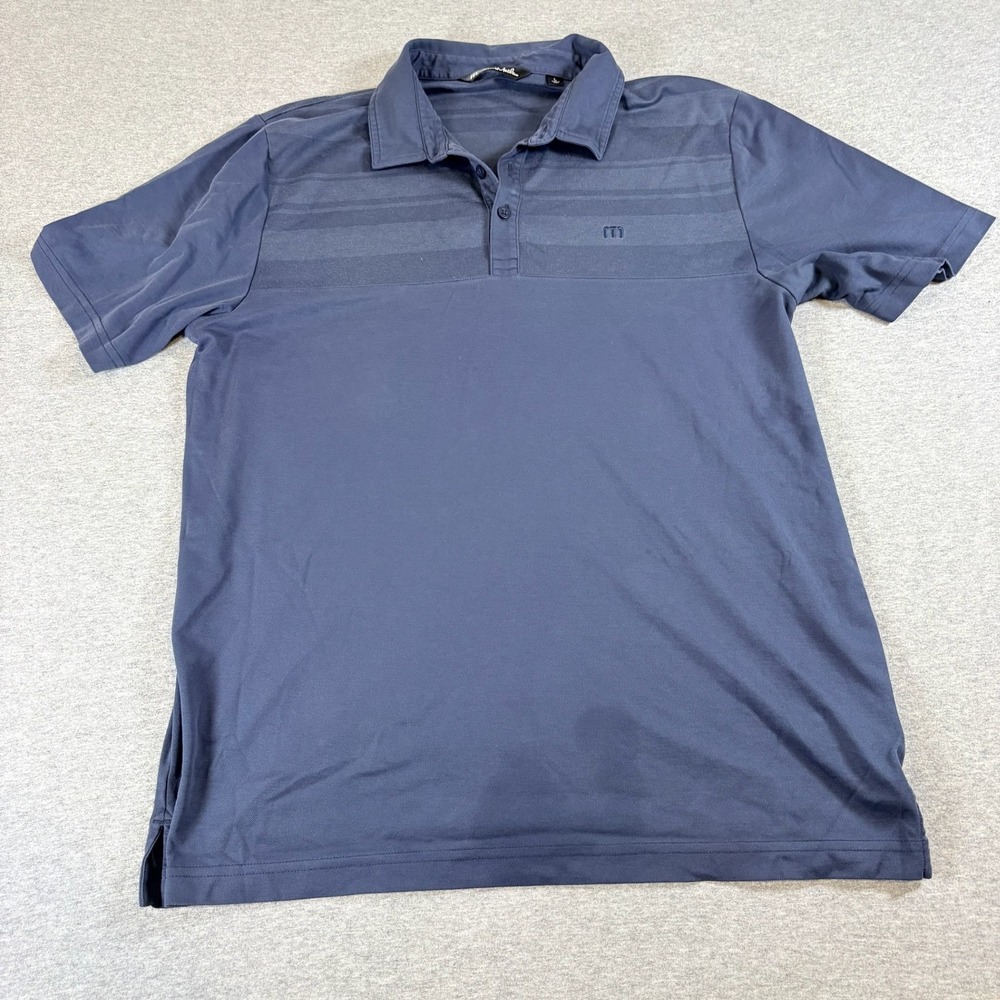 Travis Mathew Polo Shirt Mens Large Blue Short Sleeve Chest Stripe Logo Golf
